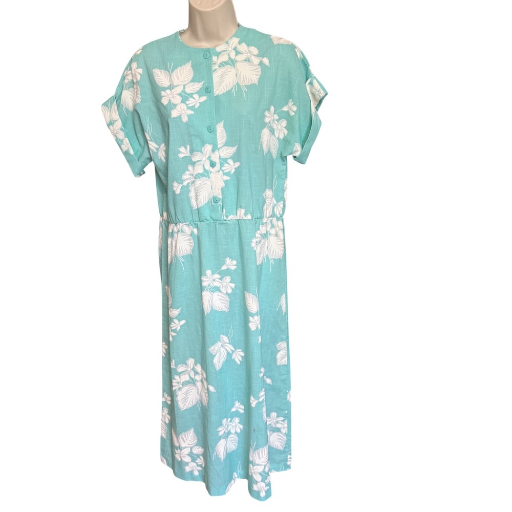 Anthony Richards Dress Floral Vintage 16 Turquoise Excellent Short Sleeve Midi